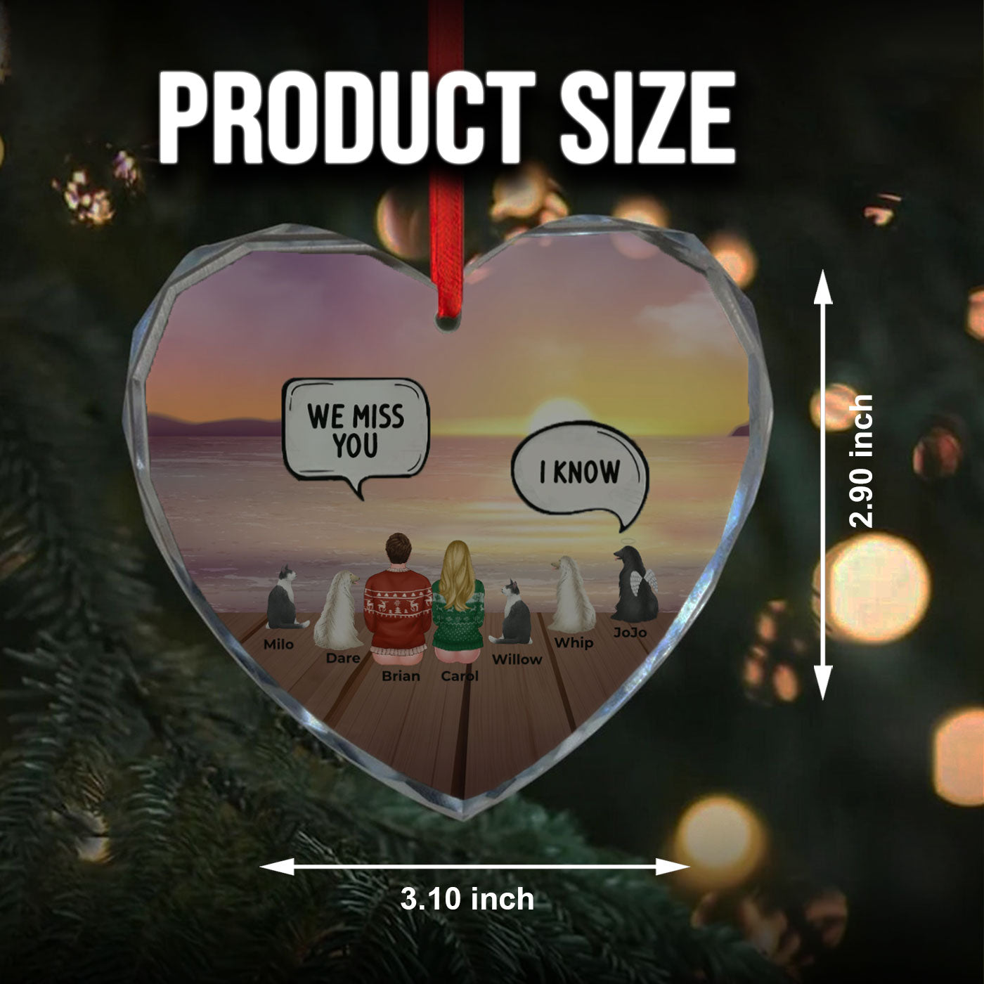 Personalized Christmas Memorial Ornament with Pets and Family | Heart Glass Ornament